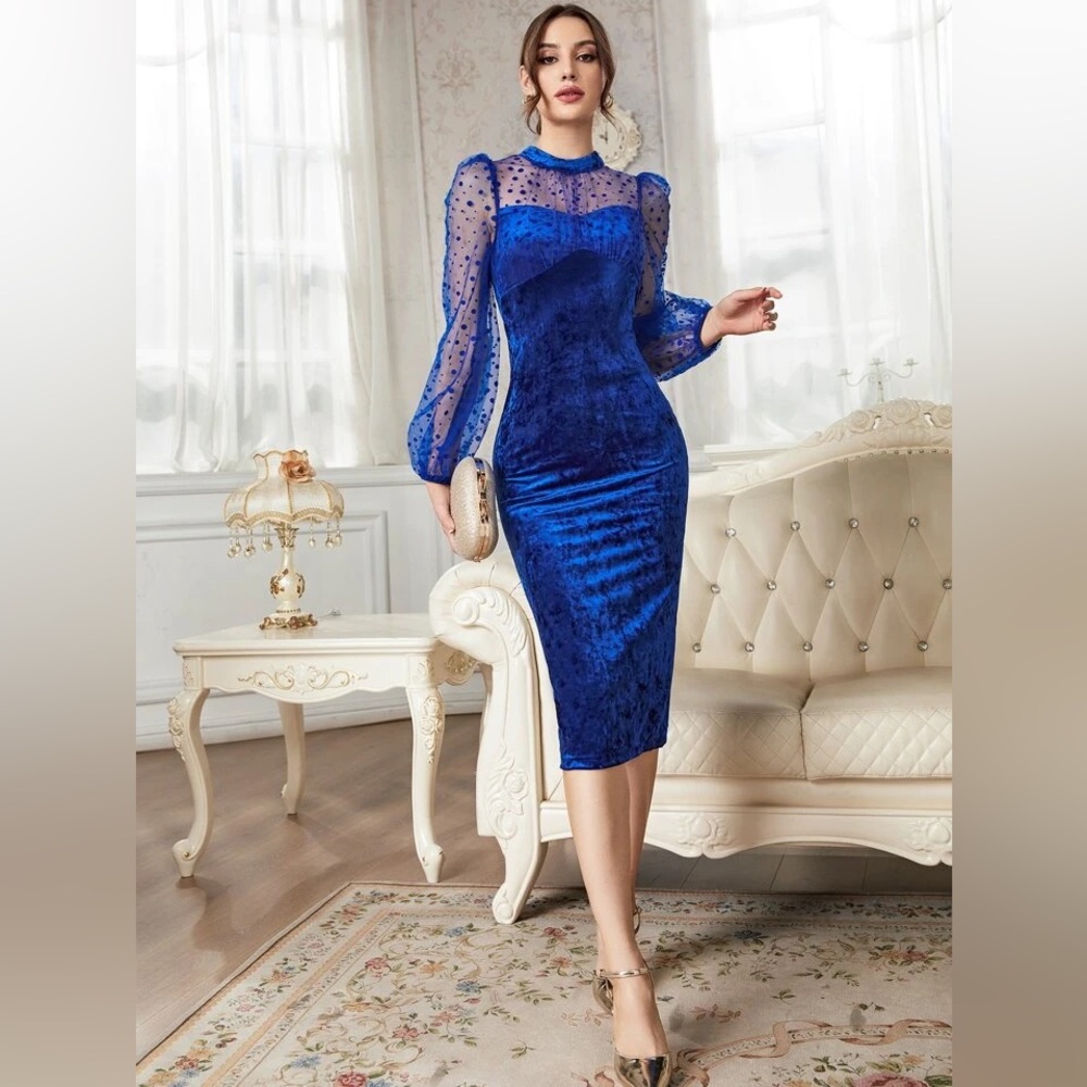 SHEIN Dobby Mesh Panel Split Back Velvet Bodycon Dress